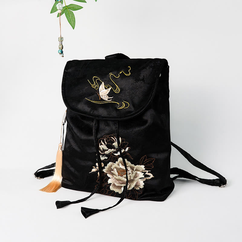 Mochila de poliéster y algodón de gran capacidad con peonías negras bordadas a mano con Buddha Stones