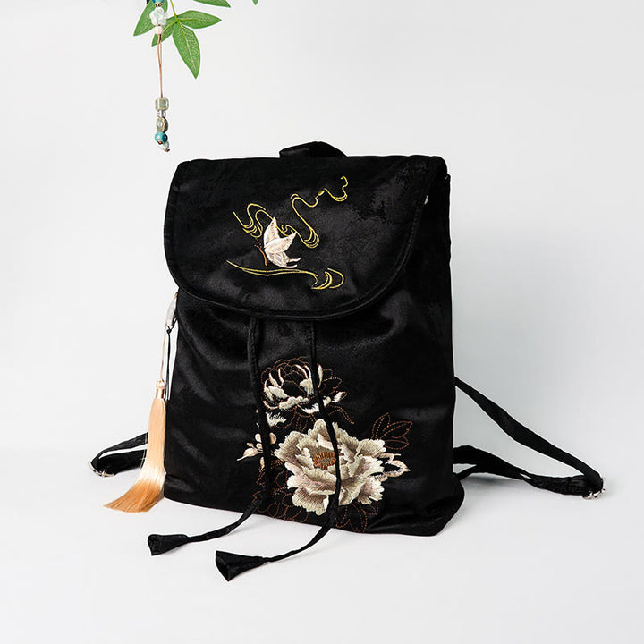 Mochila de poliéster y algodón de gran capacidad con peonías negras bordadas a mano con Buddha Stones