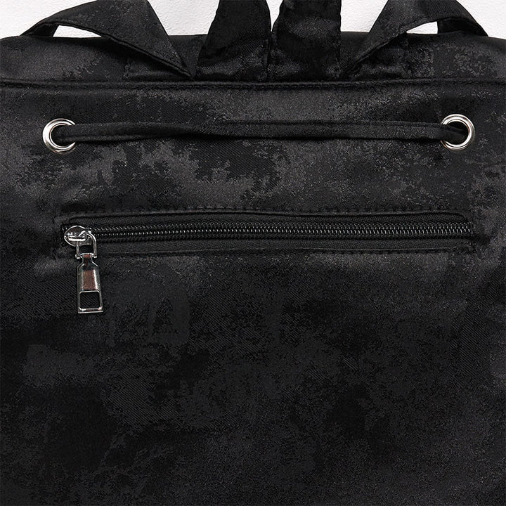 Mochila de poliéster y algodón de gran capacidad con peonías negras bordadas a mano con Buddha Stones