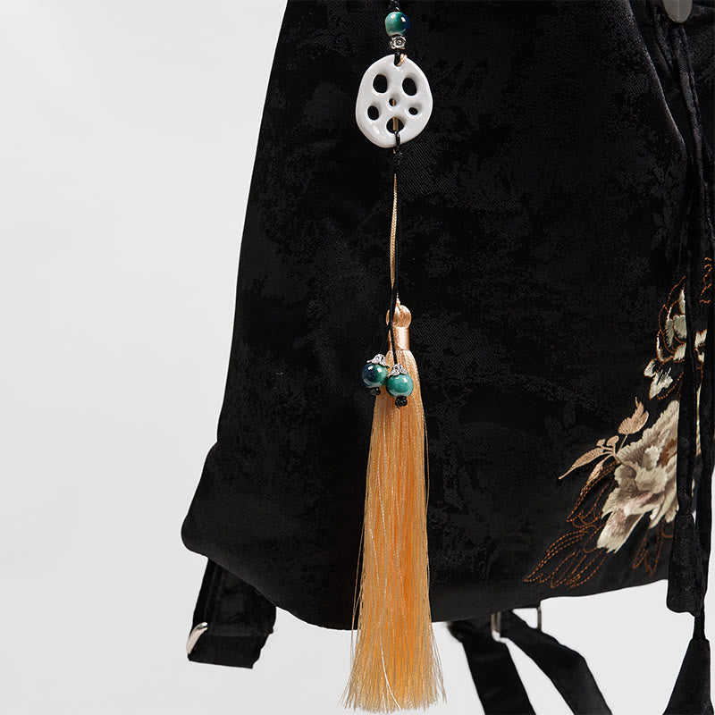 Mochila de poliéster y algodón de gran capacidad con peonías negras bordadas a mano con Buddha Stones