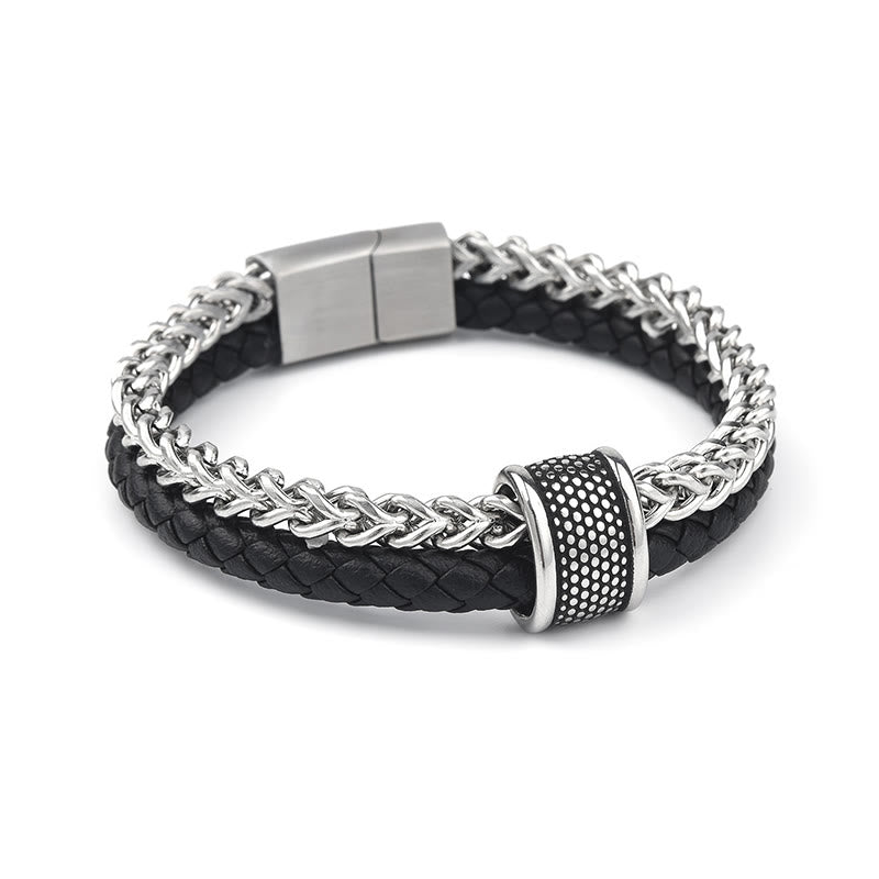 Pulsera con hebilla magnética de equilibrio de acero y titanio de doble capa de cuero y Buddha Stones - image 3