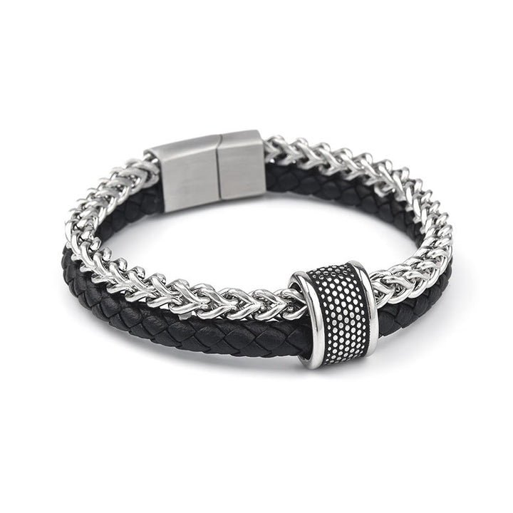 Pulsera con hebilla magnética de equilibrio de acero y titanio de doble capa de cuero y Buddha Stones - image 2