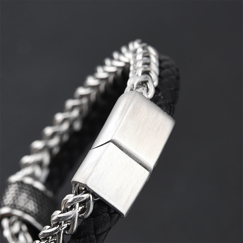Pulsera con hebilla magnética de equilibrio de acero y titanio de doble capa de cuero y Buddha Stones - image 4