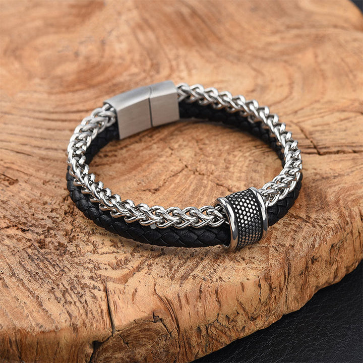 Pulsera con hebilla magnética de equilibrio de acero y titanio de doble capa de cuero y Buddha Stones - Acero de titanio - image 1