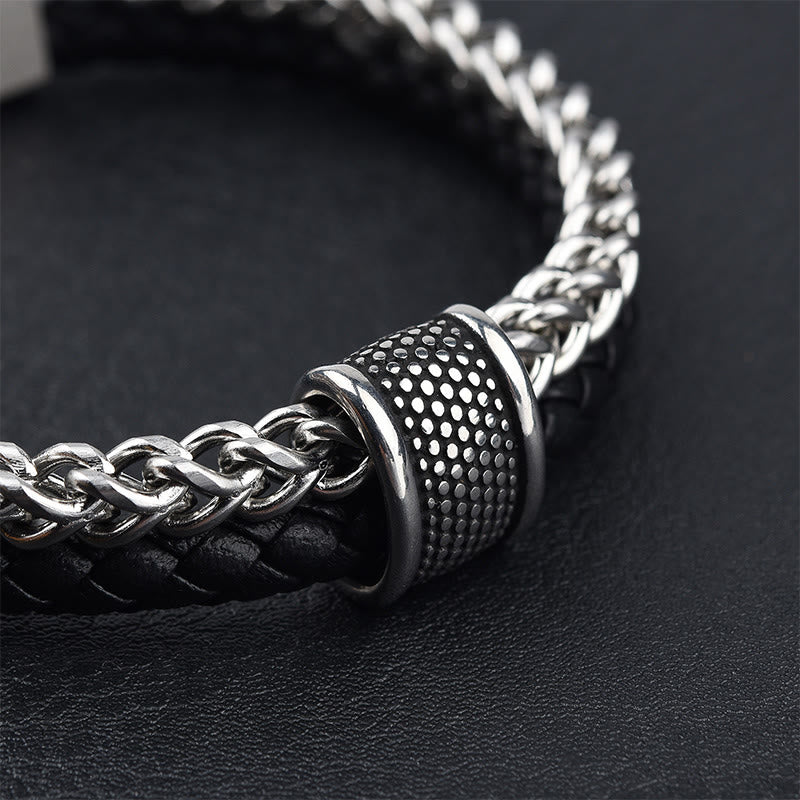Pulsera con hebilla magnética de equilibrio de acero y titanio de doble capa de cuero y Buddha Stones - image 4