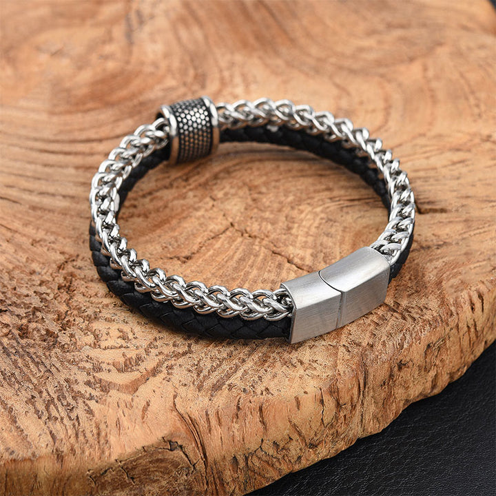Pulsera con hebilla magnética de equilibrio de acero y titanio de doble capa de cuero y Buddha Stones - image 1