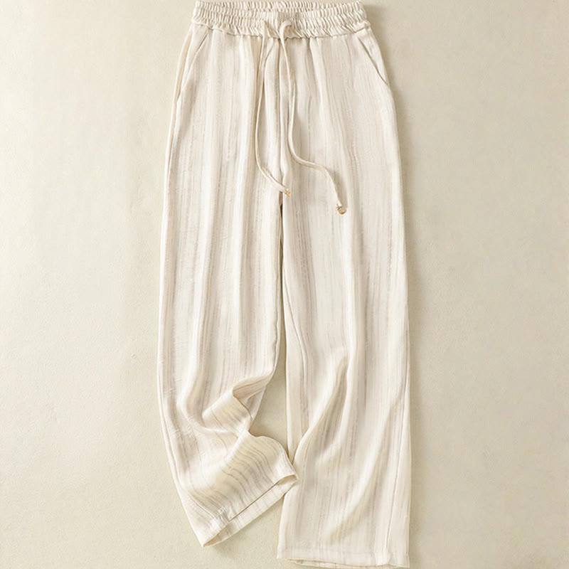 Pantalones casuales con cordón ajustable y bolsillos hasta el tobillo para mujer con estampado artístico de líneas verticales de Buddha Stones - Beige - US8-10，UK/AU12-14，EU40-42 (2XL) - image 0