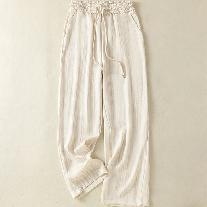 Pantalones casuales con cordón ajustable y bolsillos hasta el tobillo para mujer con estampado artístico de líneas verticales de Buddha Stones - Beige - US8-10，UK/AU12-14，EU40-42 (2XL) - image 0