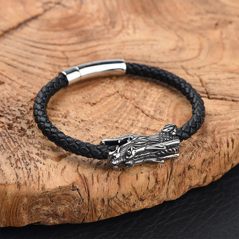 Pulsera de cuero de dragón con hebilla de acero y titanio de Buddha Stones - 23 centímetros - image 1