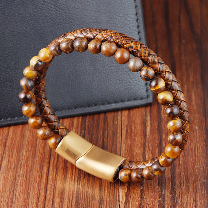 Pulsera de cuero con hebilla de acero de titanio y múltiples capas tejidas con cuentas de piedra ojo de tigre y Buddha Stones. - image 3
