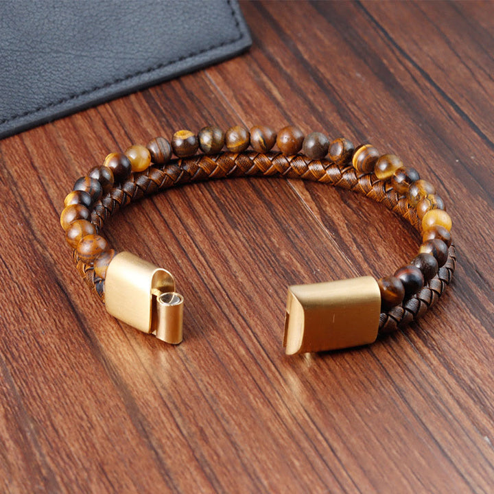 Pulsera de cuero, titanio y acero con cuentas de ojo de tigre tejidas en varias capas con Buddha Stones y hebilla resistente - image 6