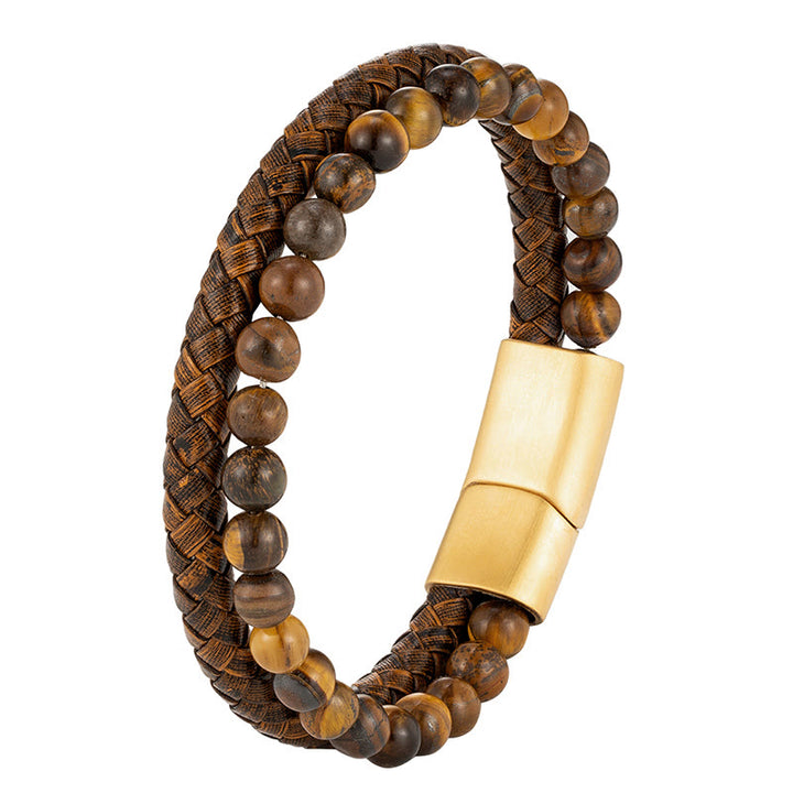 Pulsera de cuero con hebilla de acero de titanio y múltiples capas tejidas con cuentas de piedra ojo de tigre y Buddha Stones. - image 4