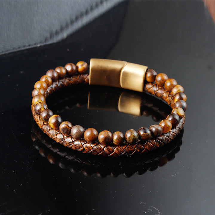 Pulsera de cuero con hebilla de acero de titanio y múltiples capas tejidas con cuentas de piedra ojo de tigre y Buddha Stones. - Ojo de tigre (circunferencia de la muñeca: 19-20 cm) - image 0