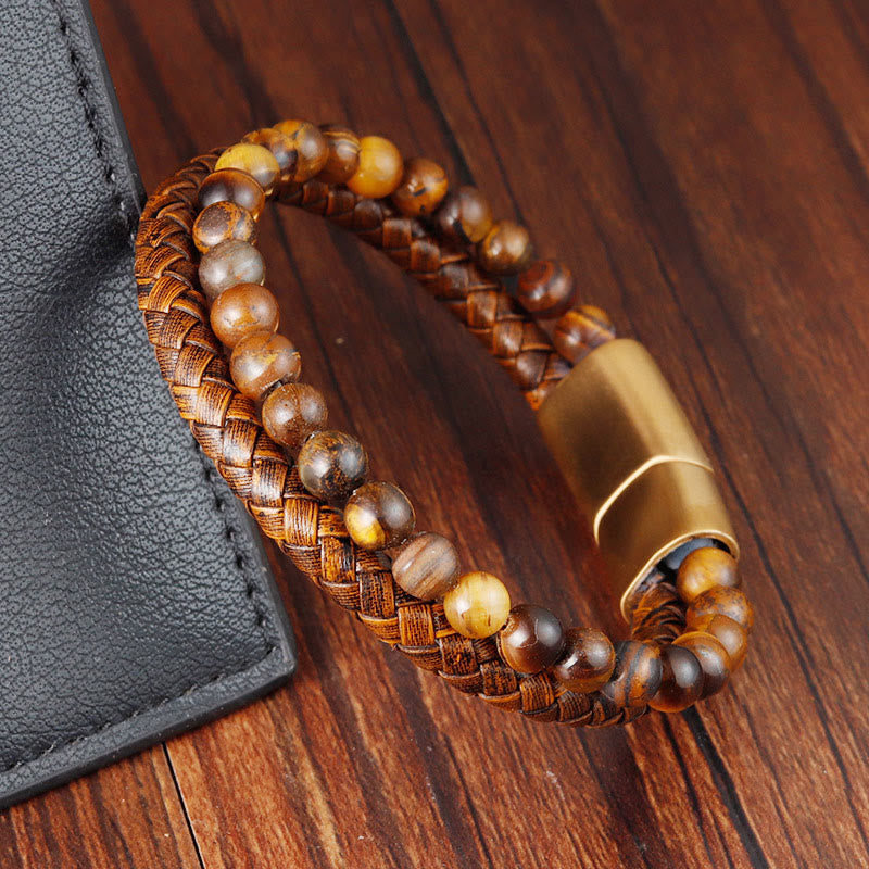 Pulsera de cuero con hebilla de acero de titanio y múltiples capas tejidas con cuentas de piedra ojo de tigre y Buddha Stones. - image 2