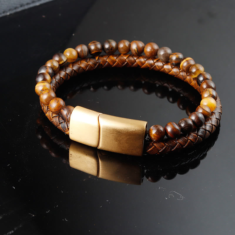 Pulsera de cuero con hebilla de acero de titanio y múltiples capas tejidas con cuentas de piedra ojo de tigre y Buddha Stones. - image 1