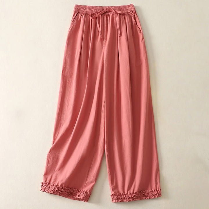 Pantalones de algodón para mujer con diseño de patchwork, dobladillo con volantes y bolsillos, hasta el tobillo y cordón Buddha Stones . - Tomate - US12, UK/AU16, EU44 (2XL) - image 0