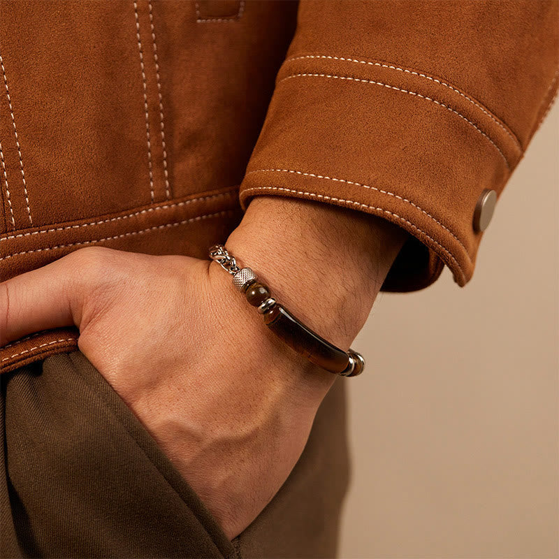 Pulsera con hebilla de acero y titanio de piedra de obsidiana negra y ojo de tigre de Buddha Stones