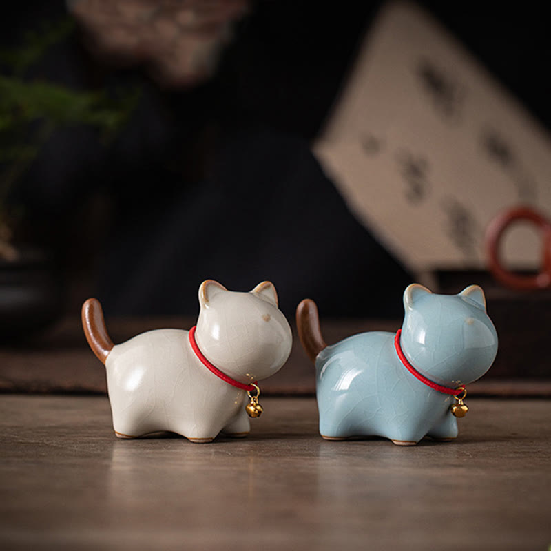 Figura decorativa de cerámica con forma de campana de cuerda roja y gato de pie con Buddha Stones - image 0