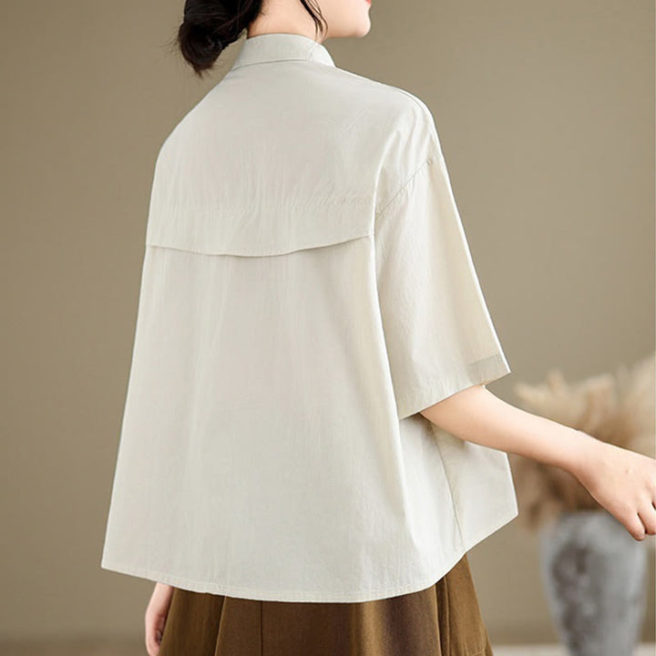 Camisa informal de algodón de media manga con cuello alto y botones, diseño de medusas bordadas con Buddha Stones para mujer - image 2