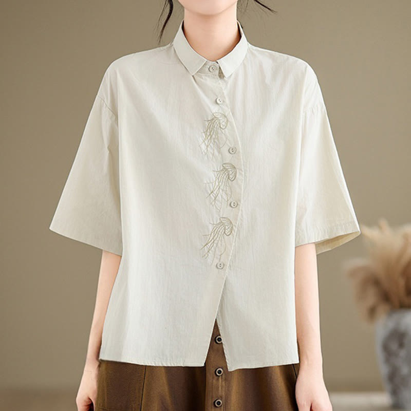 Camisa informal de algodón de media manga con cuello alto y botones, diseño de medusas bordadas con Buddha Stones para mujer - Beige - US14，UK/AU18，EU46 (2XL) - image 0
