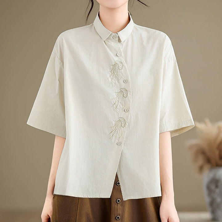 Camisa informal de algodón de media manga con cuello alto y botones, diseño de medusas bordadas con Buddha Stones para mujer - Beige - US14，UK/AU18，EU46 (2XL) - image 0