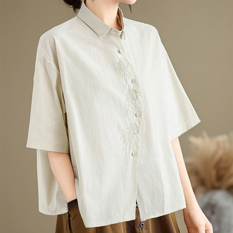 Camisa informal de algodón de media manga con cuello alto y botones, diseño de medusas bordadas con Buddha Stones para mujer - image 3