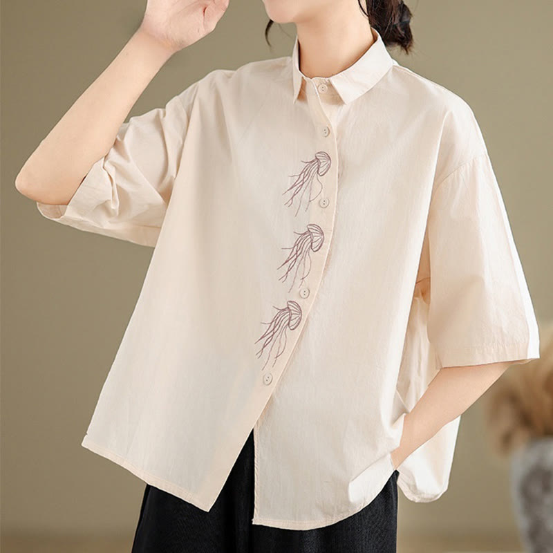 Camisa informal de algodón de media manga con cuello alto y botones, diseño de medusas bordadas con Buddha Stones para mujer - image 8