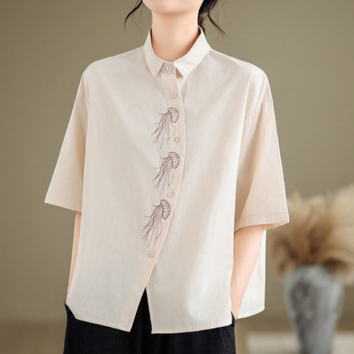 Camisa informal de algodón de media manga con cuello alto y botones, diseño de medusas bordadas con Buddha Stones para mujer - image 11