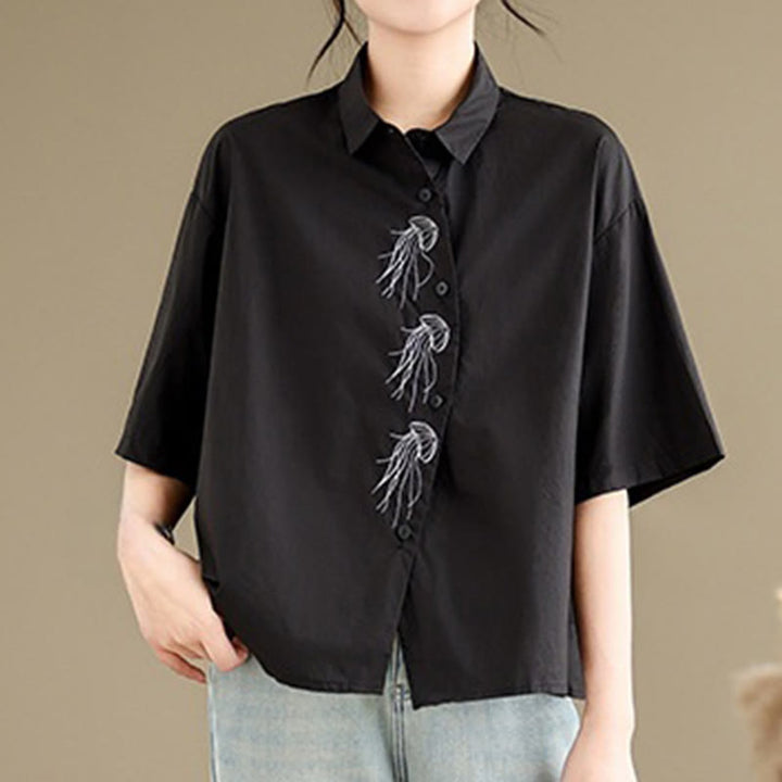 Camisa informal de algodón de media manga con cuello alto y botones, diseño de medusas bordadas con Buddha Stones para mujer - Negro - US14，UK/AU18，EU46 (2XL) - image 16