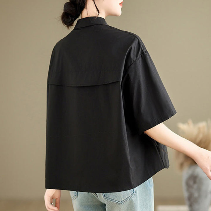 Camisa informal de algodón de media manga con cuello alto y botones, diseño de medusas bordadas con Buddha Stones para mujer - image 18