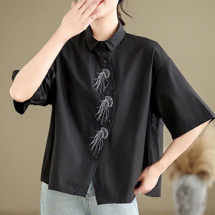 Camisa informal de algodón de media manga con cuello alto y botones, diseño de medusas bordadas con Buddha Stones para mujer - image 21