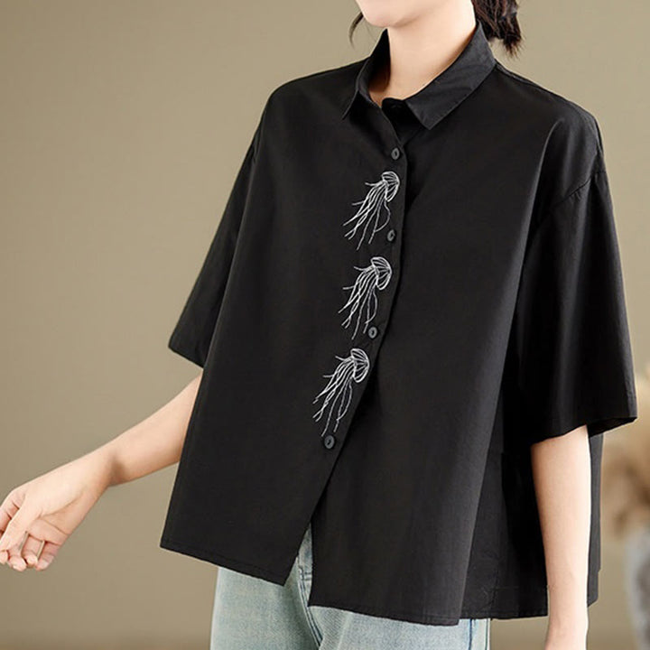 Camisa informal de algodón de media manga con cuello alto y botones, diseño de medusas bordadas con Buddha Stones para mujer - image 20