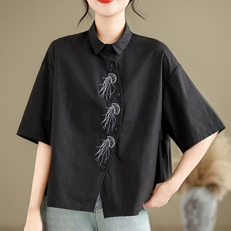 Camisa informal de algodón de media manga con cuello alto y botones, diseño de medusas bordadas con Buddha Stones para mujer - image 17