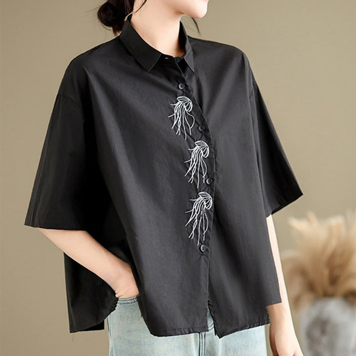 Camisa informal de algodón de media manga con cuello alto y botones, diseño de medusas bordadas con Buddha Stones para mujer - image 19