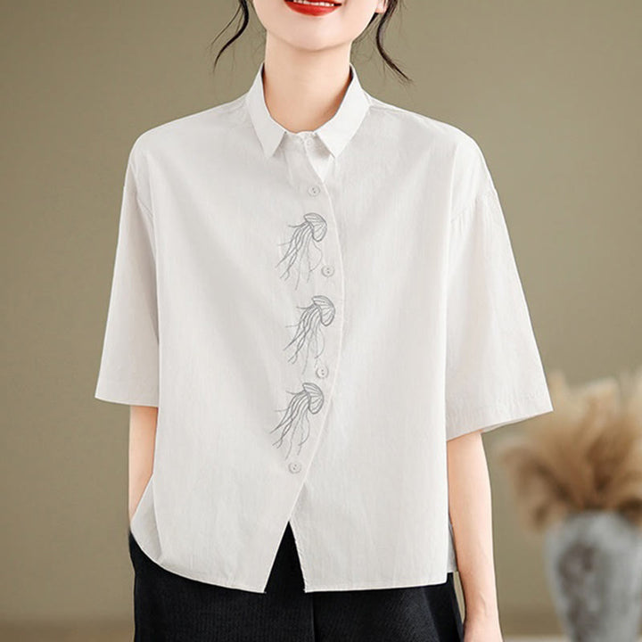 Camisa informal de algodón de media manga con cuello alto y botones, diseño de medusas bordadas con Buddha Stones para mujer - Blanco - US14，UK/AU18，EU46 (2XL) - image 22
