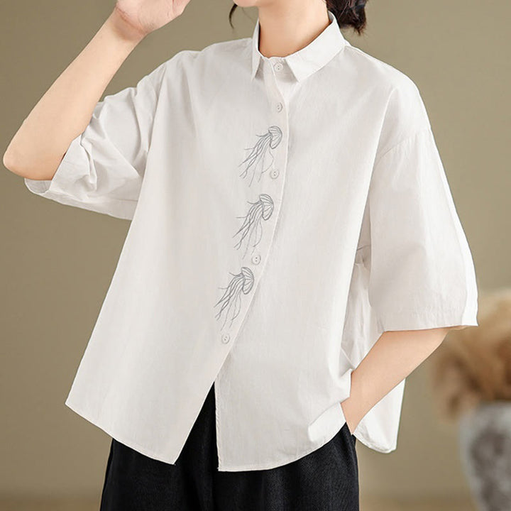 Camisa informal de algodón de media manga con cuello alto y botones, diseño de medusas bordadas con Buddha Stones para mujer - image 24