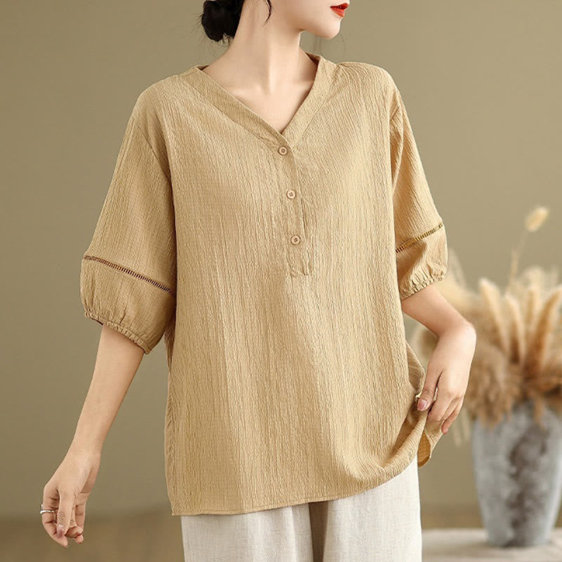 Camisa informal de poliéster de manga corta con cuello en V y botones para mujer con Buddha Stones - image 3