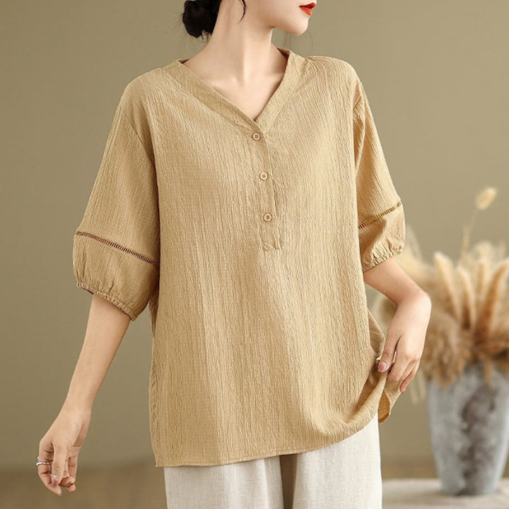 Camisa informal de poliéster de manga corta con cuello en V y botones para mujer con Buddha Stones - image 3