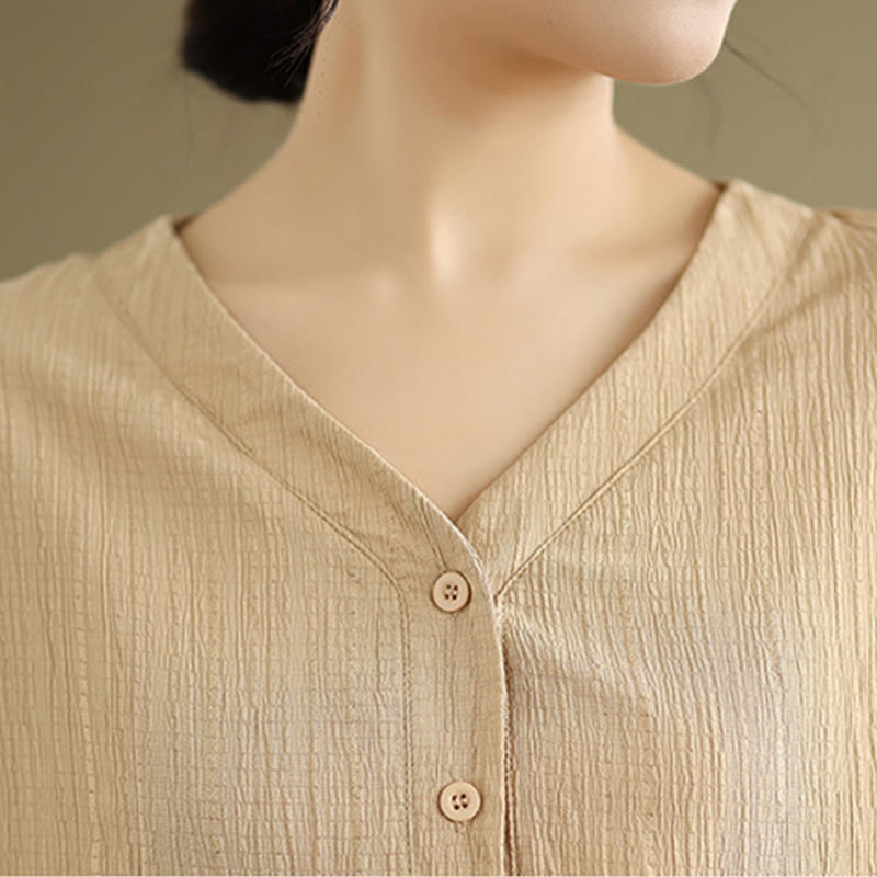 Camisa informal de poliéster de manga corta con cuello en V y botones para mujer con Buddha Stones - image 6