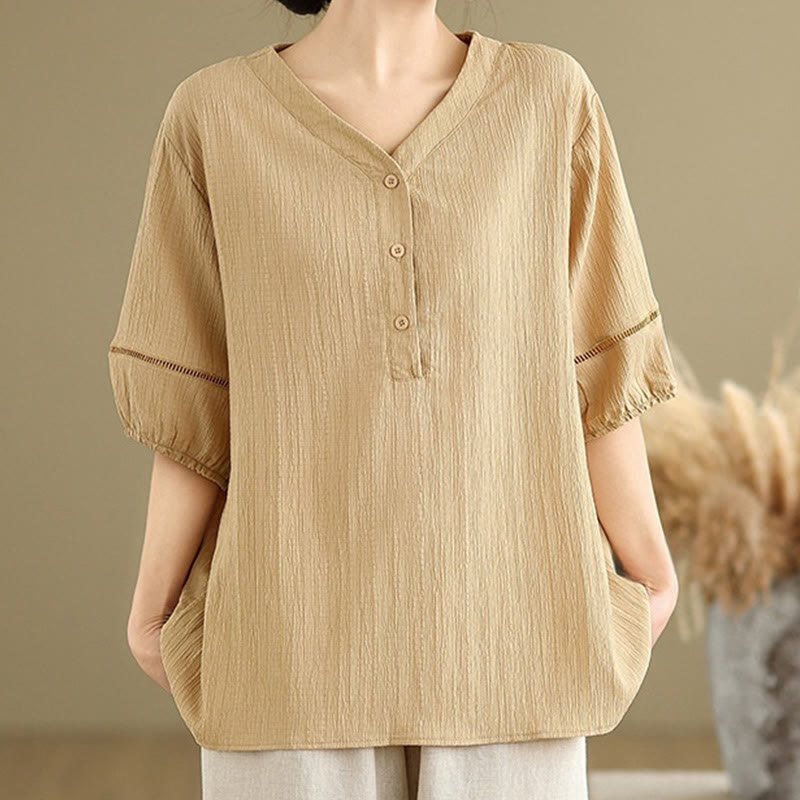 Camisa informal de poliéster de manga corta con cuello en V y botones para mujer con Buddha Stones - image 4