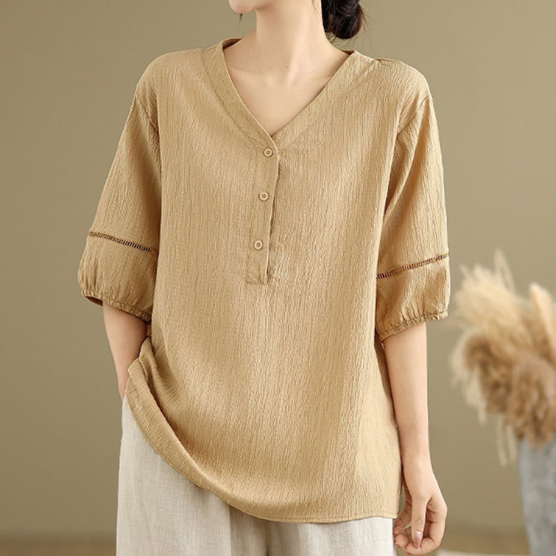 Camisa informal de poliéster de manga corta con cuello en V y botones para mujer con Buddha Stones - Trigo - US8-10，UK/AU12-14，EU40-42 (2XL) - image 0