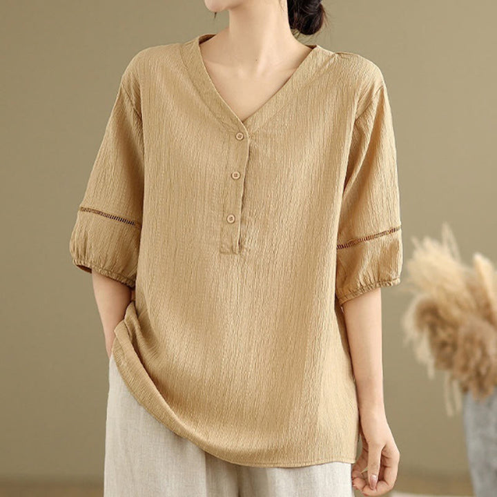 Camisa informal de poliéster de manga corta con cuello en V y botones para mujer con Buddha Stones - Trigo - US8-10，UK/AU12-14，EU40-42 (2XL) - image 0