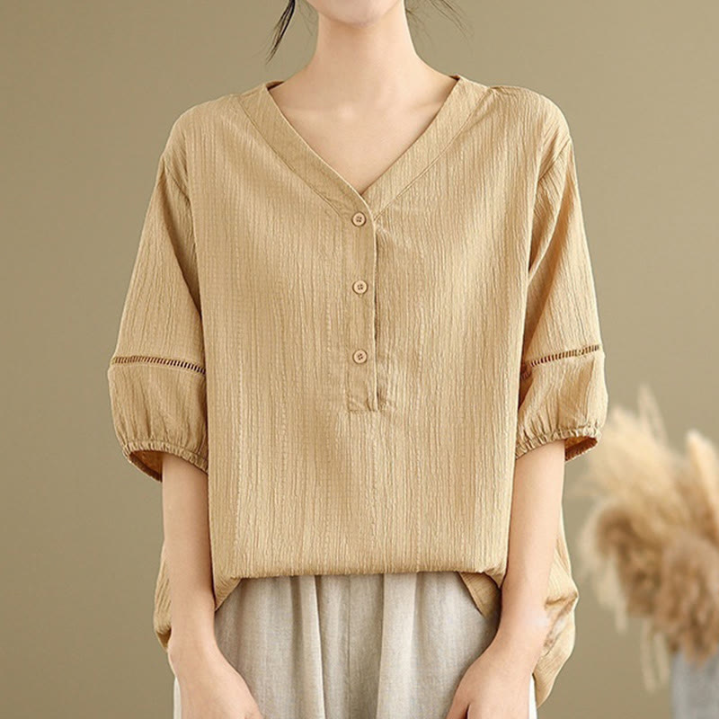 Camisa informal de poliéster de manga corta con cuello en V y botones para mujer con Buddha Stones - image 5