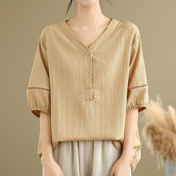 Camisa informal de poliéster de manga corta con cuello en V y botones para mujer con Buddha Stones - image 5