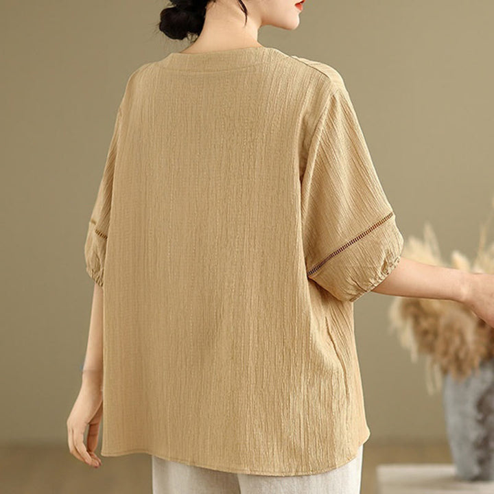 Camisa informal de poliéster de manga corta con cuello en V y botones para mujer con Buddha Stones - image 1