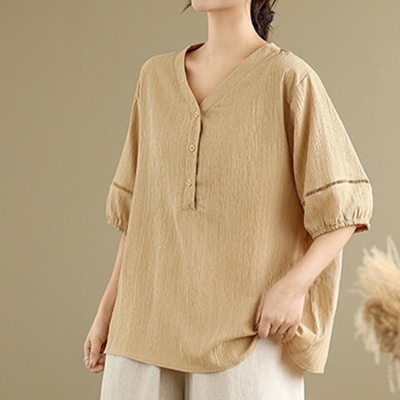 Camisa informal de poliéster de manga corta con cuello en V y botones para mujer con Buddha Stones - image 5