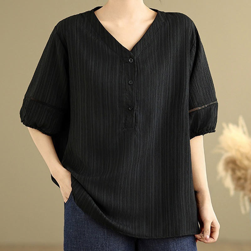 Camisa informal de poliéster de manga corta con cuello en V y botones para mujer con Buddha Stones - image 13