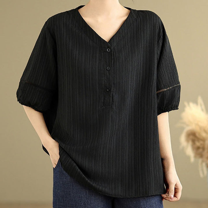 Camisa informal de poliéster de manga corta con cuello en V y botones para mujer con Buddha Stones - image 13