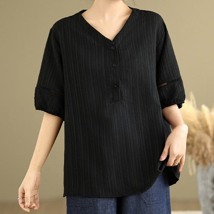 Camisa informal de poliéster de manga corta con cuello en V y botones para mujer con Buddha Stones - image 17
