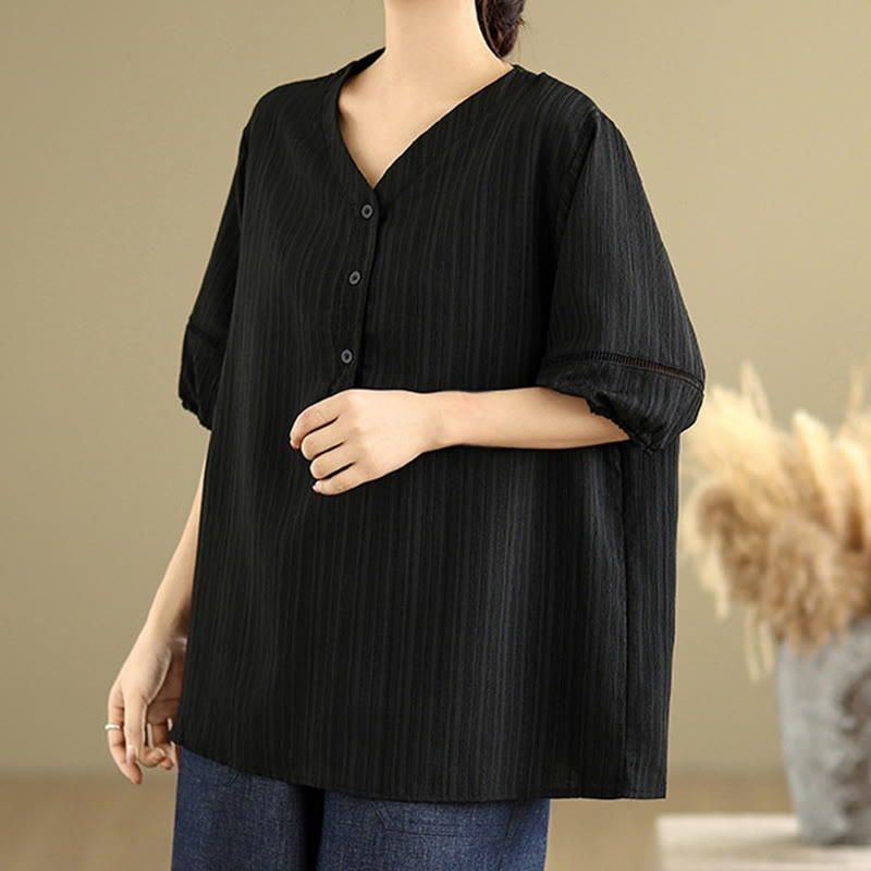 Camisa informal de poliéster de manga corta con cuello en V y botones para mujer con Buddha Stones - image 14